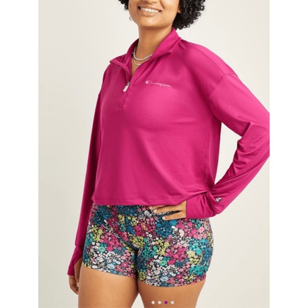 Champion Women Pink Cropped Quarter Zip Long Sleeve Athletic Pullover Top Size S